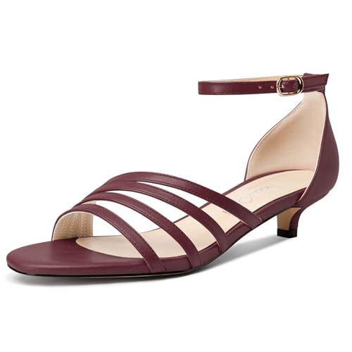 NobleOnly Damen Niedrige Kitten Absatz Heel Open Zehenkappe Knöchelriemen Sandalen Schnalle Dress Büroschuhe Schuhe 3 CM Heels Burgunderrot 43 EU von NobleOnly
