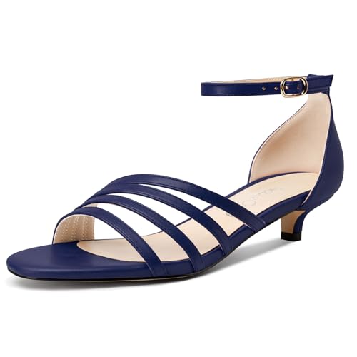 NobleOnly Damen Niedrige Kitten Absatz Heel Open Zehenkappe Knöchelriemen Sandalen Schnalle Dress Büroschuhe Schuhe 3 CM Heels Marineblau 38 EU von NobleOnly