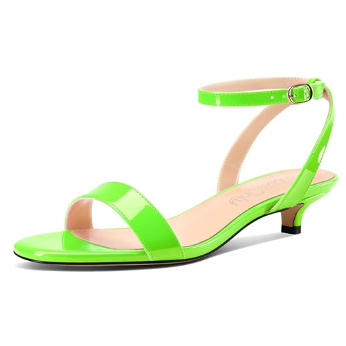 NobleOnly Damen Niedrige Kitten Absatz Heel Open Zehenkappe Knöchelriemen Slingback Sandalen Dress Lässig Schnalle Schuhe 3 CM Heels Grün A 44 EU von NobleOnly
