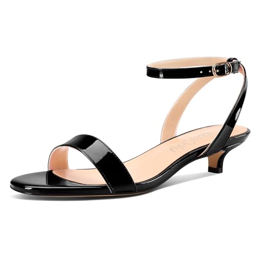 NobleOnly Damen Niedrige Kitten Absatz Heel Open Zehenkappe Knöchelriemen Slingback Sandalen Dress Lässig Schnalle Schuhe 3 CM Heels Schwarz 38 EU von NobleOnly