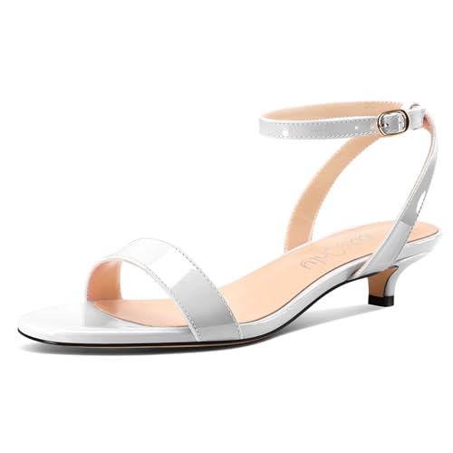 NobleOnly Damen Niedrige Kitten Absatz Heel Open Zehenkappe Knöchelriemen Slingback Sandalen Dress Lässig Schnalle Schuhe 3 CM Heels Weiß 45 EU von NobleOnly