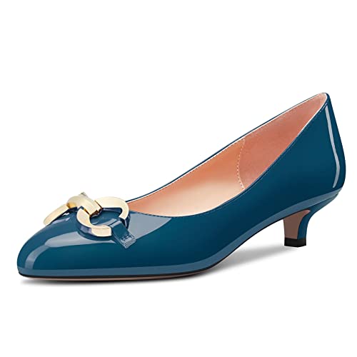 NobleOnly Damen Niedrige Kitten Absatz Heel Runde Zehenkappe Pumps Slip-on Hochzeit Cute 3.5 cm Heels Blau Lackleder 41 EU von NobleOnly