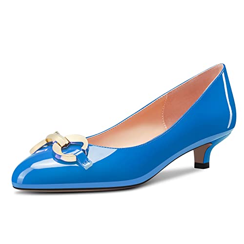 NobleOnly Damen Niedrige Kitten Absatz Heel Runde Zehenkappe Pumps Slip-on Hochzeit Cute 3.5 cm Heels Blau Lackleder B 40 EU von NobleOnly