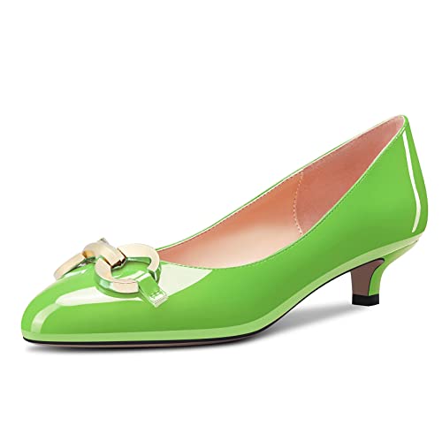 NobleOnly Damen Niedrige Kitten Absatz Heel Runde Zehenkappe Pumps Slip-on Hochzeit Cute 3.5 cm Heels Grün Lackleder A 38 EU von NobleOnly