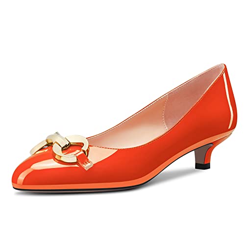 NobleOnly Damen Niedrige Kitten Absatz Heel Runde Zehenkappe Pumps Slip-on Hochzeit Cute 3.5 cm Heels Orange Lackleder 39 EU von NobleOnly