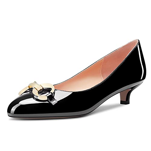 NobleOnly Damen Niedrige Kitten Absatz Heel Runde Zehenkappe Pumps Slip-on Hochzeit Cute 3.5 cm Heels Schwarz Lackleder 39 EU von NobleOnly