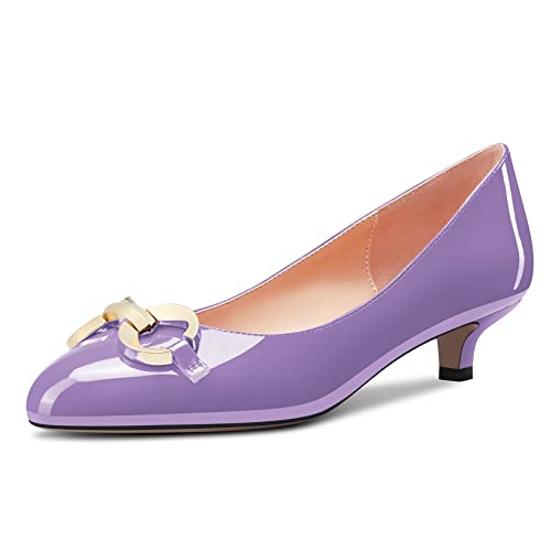 NobleOnly Damen Niedrige Kitten Absatz Heel Runde Zehenkappe Pumps Slip-on Hochzeit Cute 3.5 cm Heels Violett Lackleder 41 EU von NobleOnly