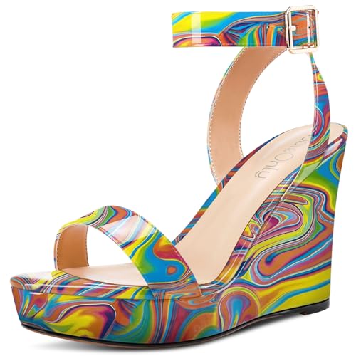 NobleOnly Damen Open Zehenkappe Hoher High Keilabsatz Absatz Heel Plateau Plattform Knöchelriemen Sandalen Schnalle Dress Abschlussball Schuhe 10 CM Heels Buntes Graffiti 43 EU von NobleOnly