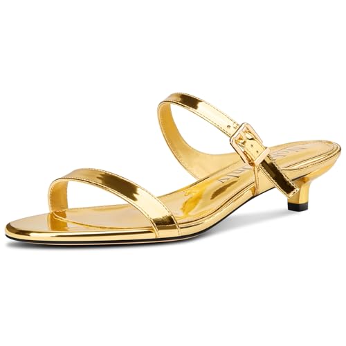 NobleOnly Damen Open Zehenkappe Niedrige Kitten Absatz Heel Sandalen Slip-on Schnalle Dress Büroschuhe Abschlussball Sommer Schuhe 3.5 CM Heels Gold 45 EU von NobleOnly