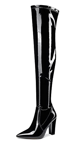NobleOnly Damen Over-Knee Stiefel Reißverschluss Blockabsatz 10CM High Heels Boots Schwarz Lackleder Schuhe EU 42 von NobleOnly