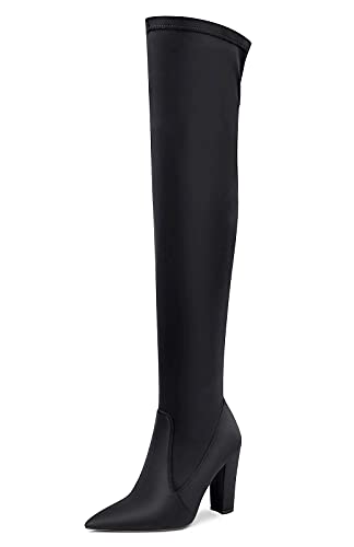 NobleOnly Damen Over-Knee Stiefel Reißverschluss Blockabsatz 10CM High Heels Boots Schwarz Satin Schuhe EU 43 von NobleOnly