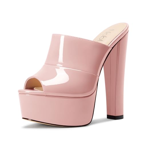 NobleOnly Damen Plateau Chunky Blockabsatz Absatz Heel Sandalen Peep Open Zehenkappe Slip-on Pantoletten Schuhe Hochzeit Schuhe 15 CM Heels Blasses Rosa 41 EU von NobleOnly