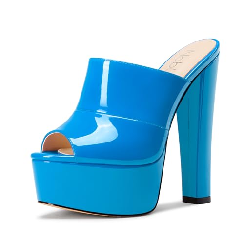 NobleOnly Damen Plateau Chunky Blockabsatz Absatz Heel Sandalen Peep Open Zehenkappe Slip-on Pantoletten Schuhe Hochzeit Schuhe 15 CM Heels Blau 39 EU von NobleOnly