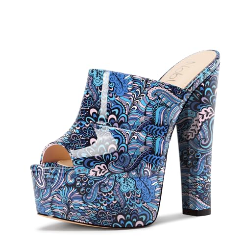 NobleOnly Damen Plateau Chunky Blockabsatz Absatz Heel Sandalen Peep Open Zehenkappe Slip-on Pantoletten Schuhe Hochzeit Schuhe 15 CM Heels Blau Mehrfarbig 42 EU von NobleOnly