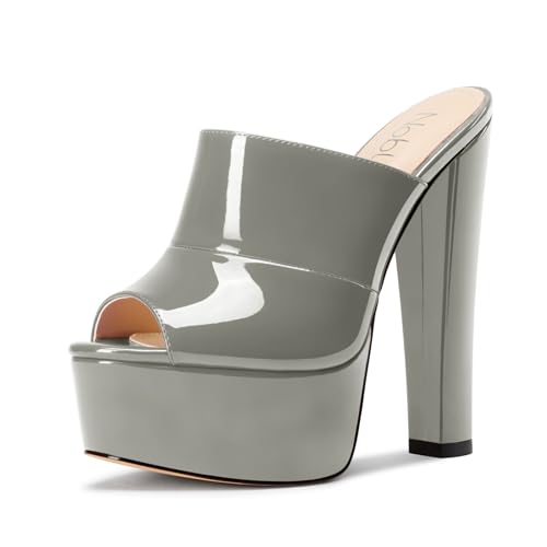 NobleOnly Damen Plateau Chunky Blockabsatz Absatz Heel Sandalen Peep Open Zehenkappe Slip-on Pantoletten Schuhe Hochzeit Schuhe 15 CM Heels Grau 37 EU von NobleOnly