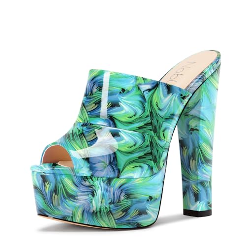 NobleOnly Damen Plateau Chunky Blockabsatz Absatz Heel Sandalen Peep Open Zehenkappe Slip-on Pantoletten Schuhe Hochzeit Schuhe 15 CM Heels Grüner Wirbel 37 EU von NobleOnly