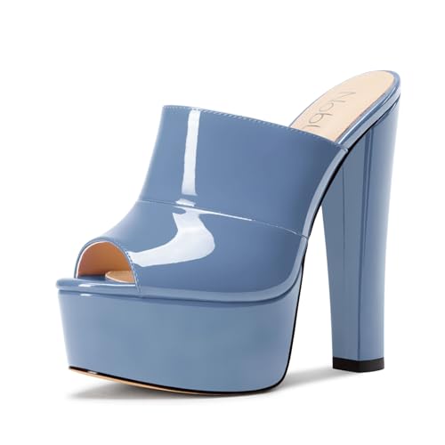 NobleOnly Damen Plateau Chunky Blockabsatz Absatz Heel Sandalen Peep Open Zehenkappe Slip-on Pantoletten Schuhe Hochzeit Schuhe 15 CM Heels Kobaltblau 40 EU von NobleOnly