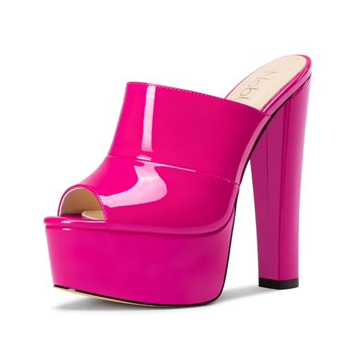 NobleOnly Damen Plateau Chunky Blockabsatz Absatz Heel Sandalen Peep Open Zehenkappe Slip-on Pantoletten Schuhe Hochzeit Schuhe 15 CM Heels Magenta 36 EU von NobleOnly