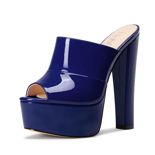 NobleOnly Damen Plateau Chunky Blockabsatz Absatz Heel Sandalen Peep Open Zehenkappe Slip-on Pantoletten Schuhe Hochzeit Schuhe 15 CM Heels Marineblau 39 EU von NobleOnly