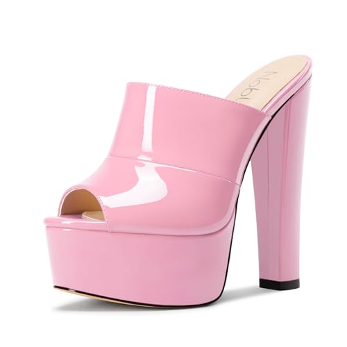 NobleOnly Damen Plateau Chunky Blockabsatz Absatz Heel Sandalen Peep Open Zehenkappe Slip-on Pantoletten Schuhe Hochzeit Schuhe 15 CM Heels Rosa 36 EU von NobleOnly
