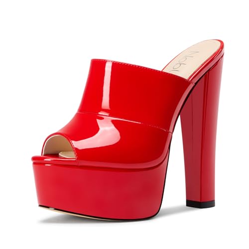 NobleOnly Damen Plateau Chunky Blockabsatz Absatz Heel Sandalen Peep Open Zehenkappe Slip-on Pantoletten Schuhe Hochzeit Schuhe 15 CM Heels Rot 42 EU von NobleOnly