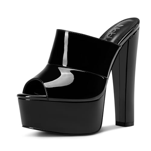 NobleOnly Damen Plateau Chunky Blockabsatz Absatz Heel Sandalen Peep Open Zehenkappe Slip-on Pantoletten Schuhe Hochzeit Schuhe 15 CM Heels Schwarz 38 EU von NobleOnly