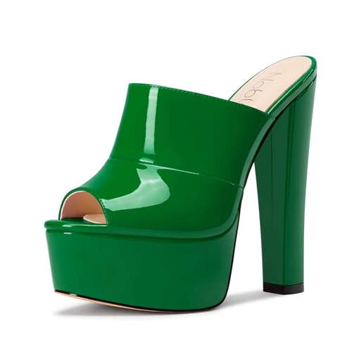 NobleOnly Damen Plateau Chunky Blockabsatz Absatz Heel Sandalen Peep Open Zehenkappe Slip-on Pantoletten Schuhe Hochzeit Schuhe 15 CM Heels Tiefgrün 42 EU von NobleOnly