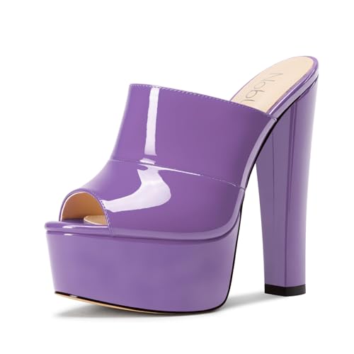 NobleOnly Damen Plateau Chunky Blockabsatz Absatz Heel Sandalen Peep Open Zehenkappe Slip-on Pantoletten Schuhe Hochzeit Schuhe 15 CM Heels Violett 41 EU von NobleOnly