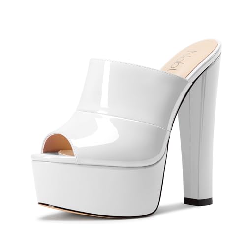 NobleOnly Damen Plateau Chunky Blockabsatz Absatz Heel Sandalen Peep Open Zehenkappe Slip-on Pantoletten Schuhe Hochzeit Schuhe 15 CM Heels Weiß 36 EU von NobleOnly