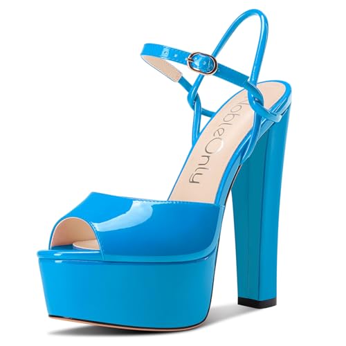 NobleOnly Damen Plateau Plattform Absatz Heel Chunky Peep Open Zehenkappe Knöchelriemen Sandalen Hochzeit Party Dress Schuhe 15 CM Heels Blau 39 EU von NobleOnly