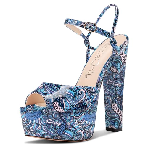 NobleOnly Damen Plateau Plattform Absatz Heel Chunky Peep Open Zehenkappe Knöchelriemen Sandalen Hochzeit Party Dress Schuhe 15 CM Heels Blau Mehrfarbig 39 EU von NobleOnly