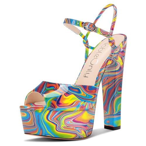 NobleOnly Damen Plateau Plattform Absatz Heel Chunky Peep Open Zehenkappe Knöchelriemen Sandalen Hochzeit Party Dress Schuhe 15 CM Heels Buntes Graffiti 36 EU von NobleOnly