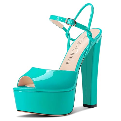 NobleOnly Damen Plateau Plattform Absatz Heel Chunky Peep Open Zehenkappe Knöchelriemen Sandalen Hochzeit Party Dress Schuhe 15 CM Heels Cyanblau 38 EU von NobleOnly