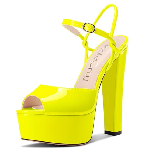 NobleOnly Damen Plateau Plattform Absatz Heel Chunky Peep Open Zehenkappe Knöchelriemen Sandalen Hochzeit Party Dress Schuhe 15 CM Heels Gelb 42 EU von NobleOnly