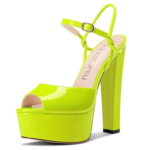 NobleOnly Damen Plateau Plattform Absatz Heel Chunky Peep Open Zehenkappe Knöchelriemen Sandalen Hochzeit Party Dress Schuhe 15 CM Heels Gelbgrün 41 EU von NobleOnly