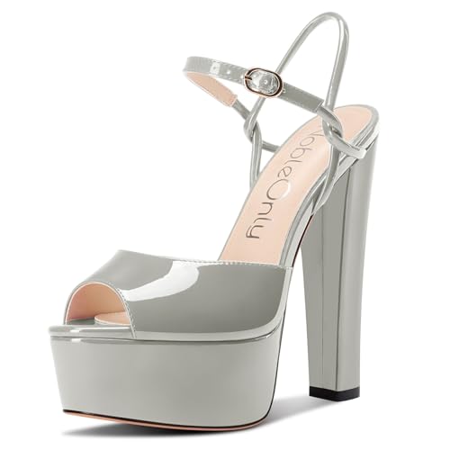 NobleOnly Damen Plateau Plattform Absatz Heel Chunky Peep Open Zehenkappe Knöchelriemen Sandalen Hochzeit Party Dress Schuhe 15 CM Heels Grau 39 EU von NobleOnly