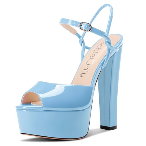 NobleOnly Damen Plateau Plattform Absatz Heel Chunky Peep Open Zehenkappe Knöchelriemen Sandalen Hochzeit Party Dress Schuhe 15 CM Heels Himmelblau 40 EU von NobleOnly