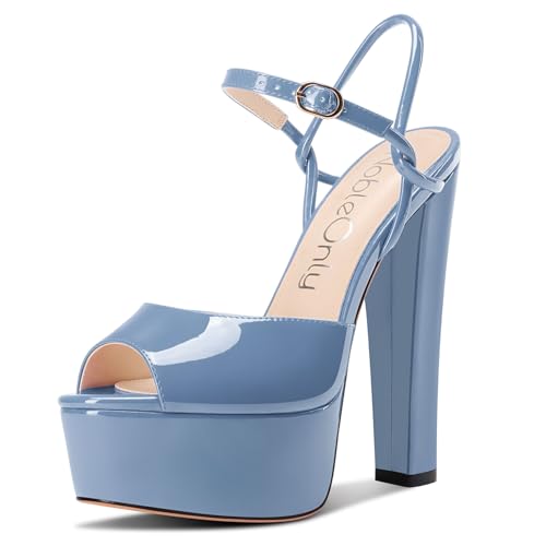 NobleOnly Damen Plateau Plattform Absatz Heel Chunky Peep Open Zehenkappe Knöchelriemen Sandalen Hochzeit Party Dress Schuhe 15 CM Heels Kobaltblau 43 EU von NobleOnly