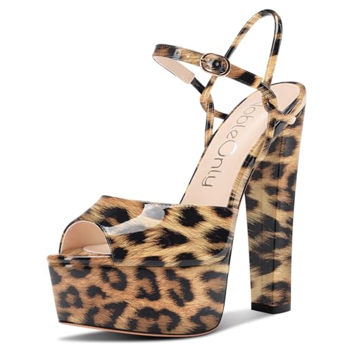 NobleOnly Damen Plateau Plattform Absatz Heel Chunky Peep Open Zehenkappe Knöchelriemen Sandalen Hochzeit Party Dress Schuhe 15 CM Heels Leopardbraun 39 EU von NobleOnly