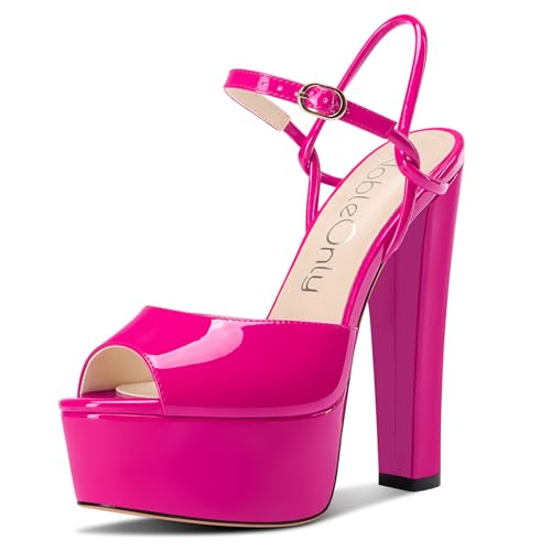 NobleOnly Damen Plateau Plattform Absatz Heel Chunky Peep Open Zehenkappe Knöchelriemen Sandalen Hochzeit Party Dress Schuhe 15 CM Heels Magenta 42 EU von NobleOnly