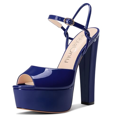 NobleOnly Damen Plateau Plattform Absatz Heel Chunky Peep Open Zehenkappe Knöchelriemen Sandalen Hochzeit Party Dress Schuhe 15 CM Heels Marineblau 39 EU von NobleOnly