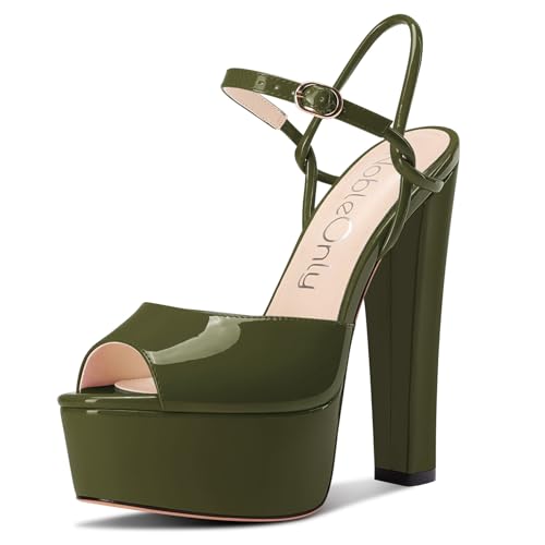 NobleOnly Damen Plateau Plattform Absatz Heel Chunky Peep Open Zehenkappe Knöchelriemen Sandalen Hochzeit Party Dress Schuhe 15 CM Heels Olivgrün 39 EU von NobleOnly