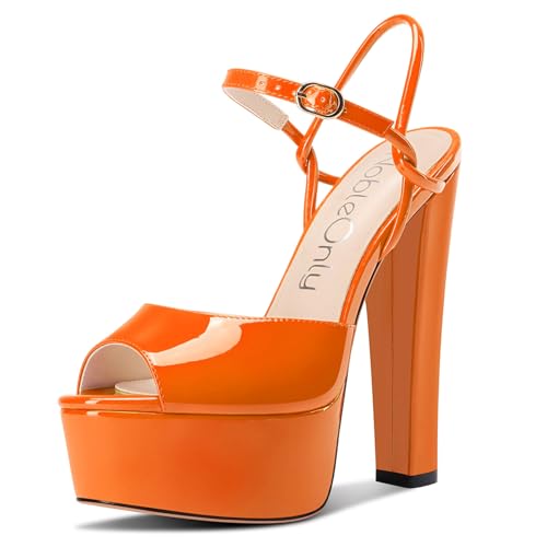NobleOnly Damen Plateau Plattform Absatz Heel Chunky Peep Open Zehenkappe Knöchelriemen Sandalen Hochzeit Party Dress Schuhe 15 CM Heels Orange 36 EU von NobleOnly