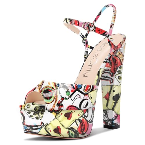 NobleOnly Damen Plateau Plattform Absatz Heel Chunky Peep Open Zehenkappe Knöchelriemen Sandalen Hochzeit Party Dress Schuhe 15 CM Heels Poker-Muster 43 EU von NobleOnly