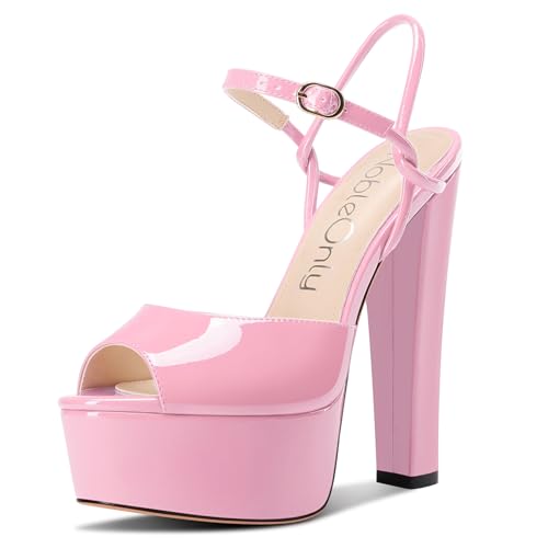 NobleOnly Damen Plateau Plattform Absatz Heel Chunky Peep Open Zehenkappe Knöchelriemen Sandalen Hochzeit Party Dress Schuhe 15 CM Heels Rosa 40 EU von NobleOnly