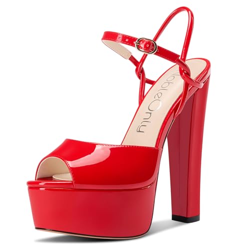 NobleOnly Damen Plateau Plattform Absatz Heel Chunky Peep Open Zehenkappe Knöchelriemen Sandalen Hochzeit Party Dress Schuhe 15 CM Heels Rot 42 EU von NobleOnly