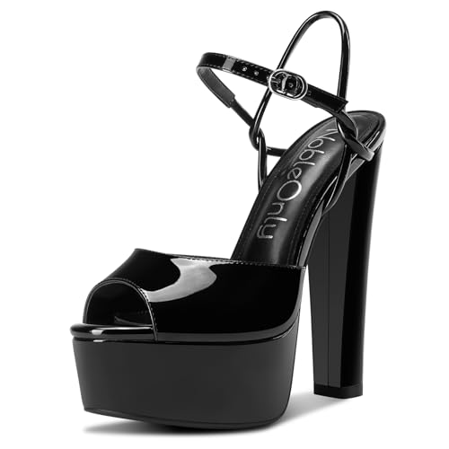 NobleOnly Damen Plateau Plattform Absatz Heel Chunky Peep Open Zehenkappe Knöchelriemen Sandalen Hochzeit Party Dress Schuhe 15 CM Heels Schwarz 41 EU von NobleOnly