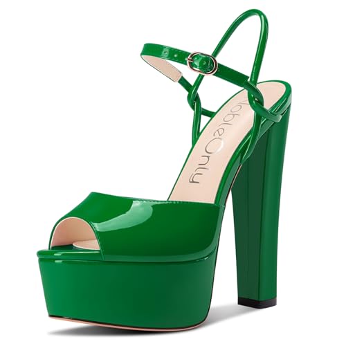 NobleOnly Damen Plateau Plattform Absatz Heel Chunky Peep Open Zehenkappe Knöchelriemen Sandalen Hochzeit Party Dress Schuhe 15 CM Heels Tiefgrün 39 EU von NobleOnly