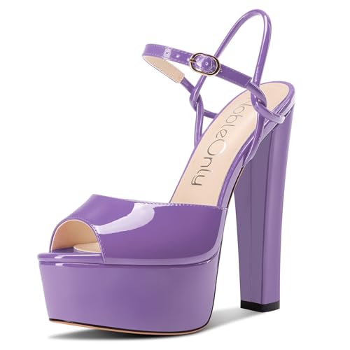 NobleOnly Damen Plateau Plattform Absatz Heel Chunky Peep Open Zehenkappe Knöchelriemen Sandalen Hochzeit Party Dress Schuhe 15 CM Heels Violett 37 EU von NobleOnly
