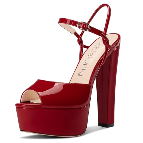 NobleOnly Damen Plateau Plattform Absatz Heel Chunky Peep Open Zehenkappe Knöchelriemen Sandalen Hochzeit Party Dress Schuhe 15 CM Heels Weinrot 42 EU von NobleOnly